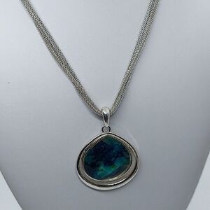 Faux abalone‎ silver tone double strand necklace signed